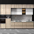 Modern Kitchen Interior With Gray Cabinets Wooden Backsplash And Lighting 3d model
