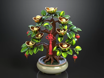 Decorative Fortune Tree With Golden Ingots Green Leaves Red Chinese Knot And White Base 3d model
