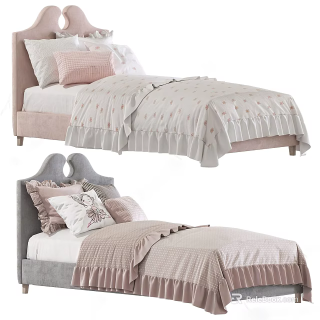 Cozy Kids Bed With Soft Pink Gray Headboard Ruffled Bedspread And Decorative Pillows 3d model 