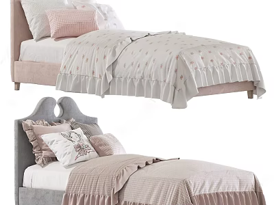 Cozy Kids Bed With Soft Pink Gray Headboard Ruffled Bedspread And Decorative Pillows 3d model