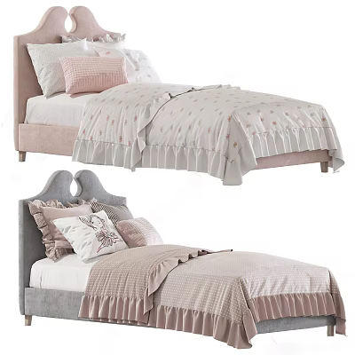 Cozy Kids Bed With Soft Pink Gray Headboard Ruffled Bedspread And Decorative Pillows 3d model
