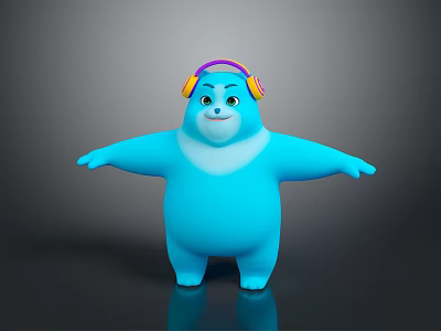 3D Rendered Blue Cartoon Bear Wearing Colorful Headphones With Arms Outstretched On Dark Background 3d model