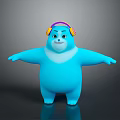 3D Rendered Blue Cartoon Bear Wearing Colorful Headphones With Arms Outstretched On Dark Background