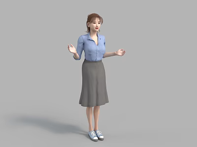 A Woman In Blue Shirt And Gray Skirt Standing With Open Hands On Gray Background 3d model