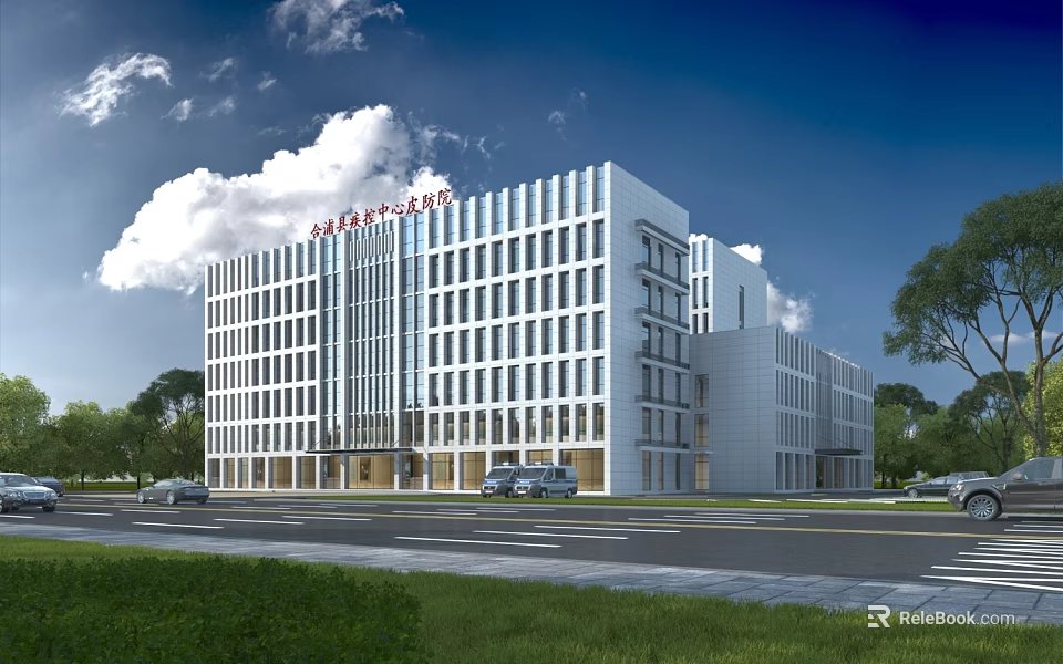 Modern Hospital Building Exterior With Glass Windows Greenery Road And Parking Area 3d model 