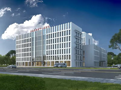 Modern Hospital Building Exterior With Glass Windows Greenery Road And Parking Area 3d model