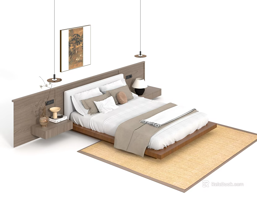 Modern Double Bed With Wooden Headboard White Bedding Pillows Nightstands Wall Art And Rug 3d model 