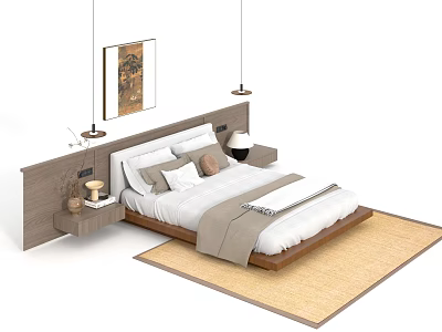 Modern Double Bed With Wooden Headboard White Bedding Pillows Nightstands Wall Art And Rug 3d model