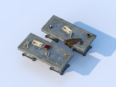 Two Office Desks With Papers Stationery And Decorative Borders On Surface 3d model