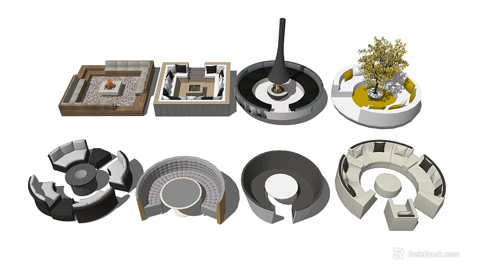 Outdoor Sofa Various Designs Including Circular And Square Shapes With Fire Pit And Garden Elements 3d model
