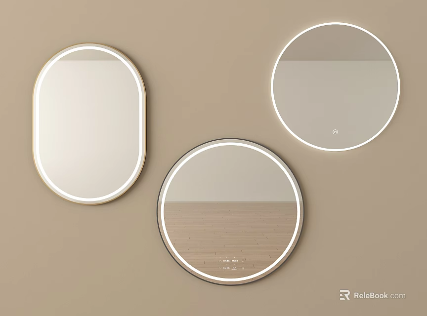 Three Oval and Round Mirrors with White Frames on Beige Wall with LED Light Strips 3d model