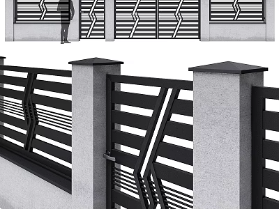Modern Black Metal Fence Design With Geometric Patterns And Gray Concrete Pillars 3d model