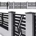 Modern Black Metal Fence Design With Geometric Patterns And Gray Concrete Pillars