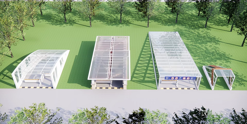Outdoor Covered Structures With Transparent Roofs Green Lawn And Trees 3d model