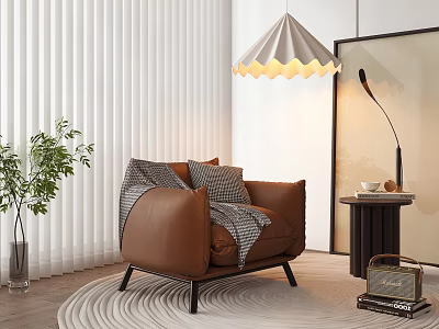 Cozy Brown Leisure Sofa Set With Pillows Blinds Pendant Light Floor Lamp And Green Plant 3d model