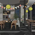 Cozy Hotpot Restaurant Interior With Hanging Lanterns Wooden Tables And String Flags