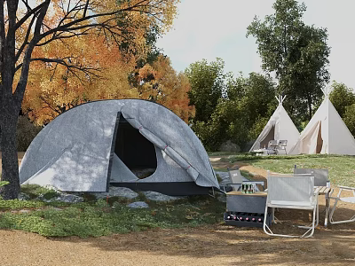 Gray Canvas Tent in Outdoor Camping Area with Autumn Trees White Tipis and Folding Chairs 3d model