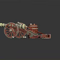 Vintage Military Cannon Display With Wooden Barrel Cannonballs And Crate On Red Planks