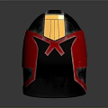 Combat Weapon Helmet With Shiny Silver Red Yellow Details And Metallic Surface Design