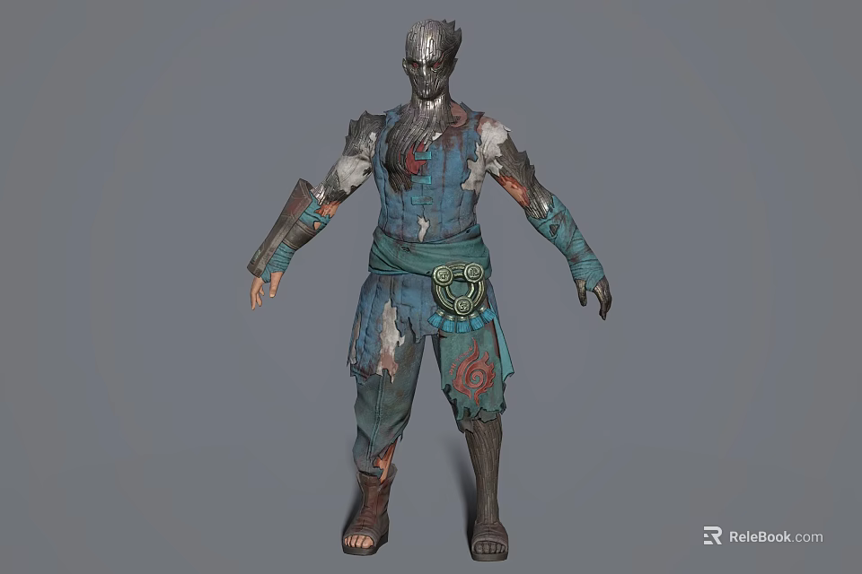 Tattered Bloodstained Game Movie Character With Metallic Head Blue Green Outfit Decorative Belt And Armor 3d model 