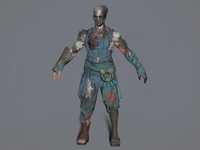 Tattered Bloodstained Game Movie Character With Metallic Head Blue Green Outfit Decorative Belt And Armor 3d model