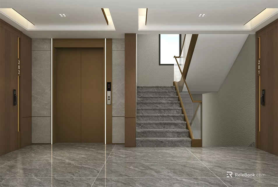 Elevator Hallway Interior With Marble Floor Staircase Modern Lighting And Wall Decor 3d model