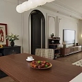Elegant Living And Dining Room Interior With Black Sofa Coffee Table Decorative Paintings And Chandelier