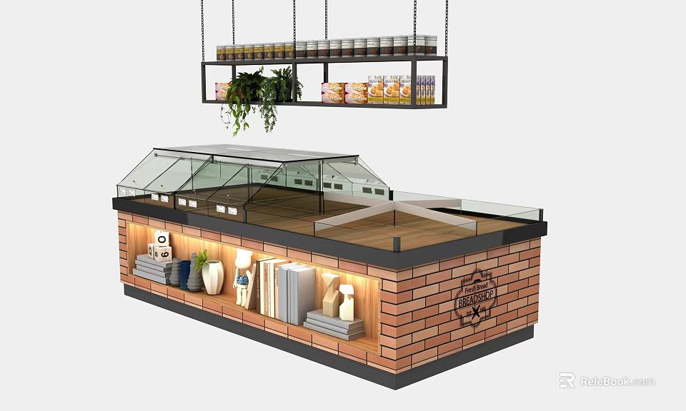 Brick Design Display Counter Shelf With Glass Cover Open Shelves Hanging Plants And Jars 3d model 