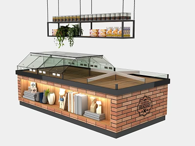 Brick Design Display Counter Shelf With Glass Cover Open Shelves Hanging Plants And Jars 3d model