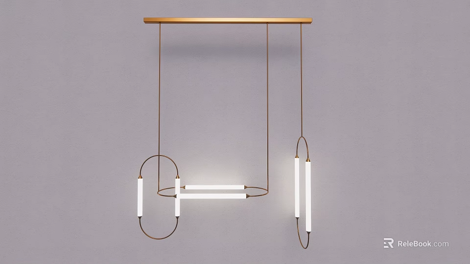 Modern Minimalist Chandelier With Wooden Beam And Metal Geometric Frame Linear Light Tubes 3d model 