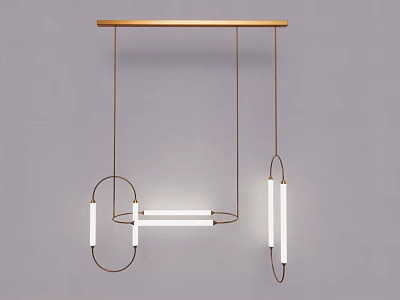 Modern Minimalist Chandelier With Wooden Beam And Metal Geometric Frame Linear Light Tubes 3d model