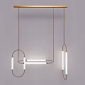 Modern Minimalist Chandelier With Wooden Beam And Metal Geometric Frame Linear Light Tubes