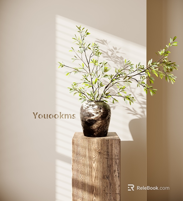 Silver Vase With Green Leafy Branches On Wooden Stump In Minimalist Interior With Sunlight Shadows 3d model 