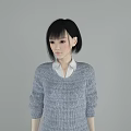 Woman in Gray Sweater With White Collar and Black White Checkered Skirt on Gray Background