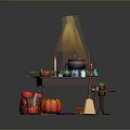 Enchanting Halloween Scenery With Pumpkin Apple Basket Broom Candles And Magic Cauldron