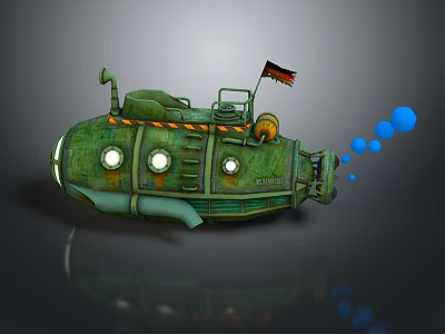 Green Submarine With Round Windows Ladder German Flag And Bubbles 3d model