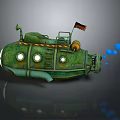 Green Submarine With Round Windows Ladder German Flag And Bubbles