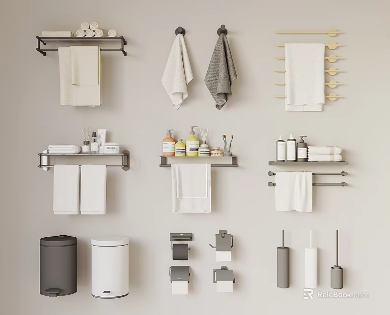 Stylish White And Gray Towels With Bathroom Accessories On Modern Racks 3d model 