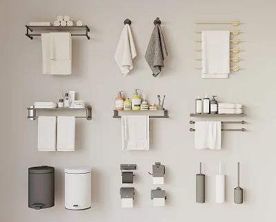 Stylish White And Gray Towels With Bathroom Accessories On Modern Racks 3d model