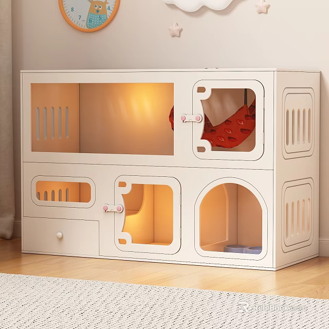 White Multi Level Pet Cage With Cozy Compartments Warm Lighting And Storage Drawer 3d model