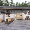 Rustic Stone Background Wall Decorated With Hanging Tools Barrels And Wooden Cart