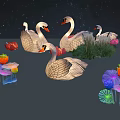 Landscape Sculpture With Illuminated Swans Colorful Flowers Leaves And Reflections