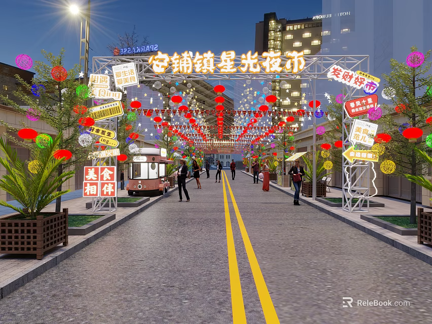 Anpu Town Starlight Night Market Street With Shops Decorated Lanterns Colorful Signboards And Pedestrians 3d model 