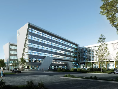 Modern Office Building With Glass Curtain Wall Geometric Design And Landscaping 3d model