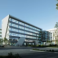 Modern Office Building With Glass Curtain Wall Geometric Design And Landscaping