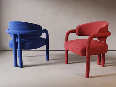 Modern Blue and Red Accent Chairs with Velvet Upholstery Curved Arms in Neutral Gray Setting 3d model