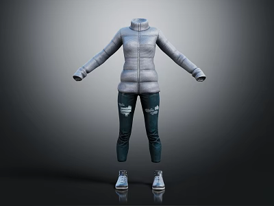 Gray Down Jacket With Blue Ripped Jeans And White Sneakers Outfit 3d model