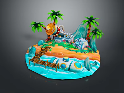 Tropical Island Scene With Palm Trees Beach Wooden Bridge Rocks And Water 3d model
