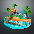 Tropical Island Scene With Palm Trees Beach Wooden Bridge Rocks And Water