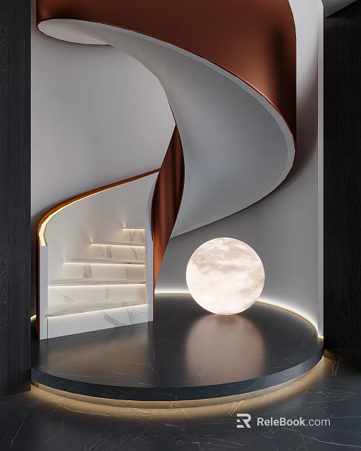 Modern Staircase With Marble Steps Copper Handrail And Moon Shaped Light Fixture 3d model 